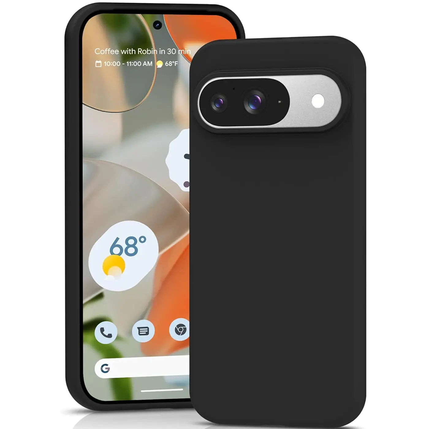 Schwarze Silikonhülle für Google Pixel 9, Rückseite mit Kameraausschnitt, schräg vor dem Smartphone.