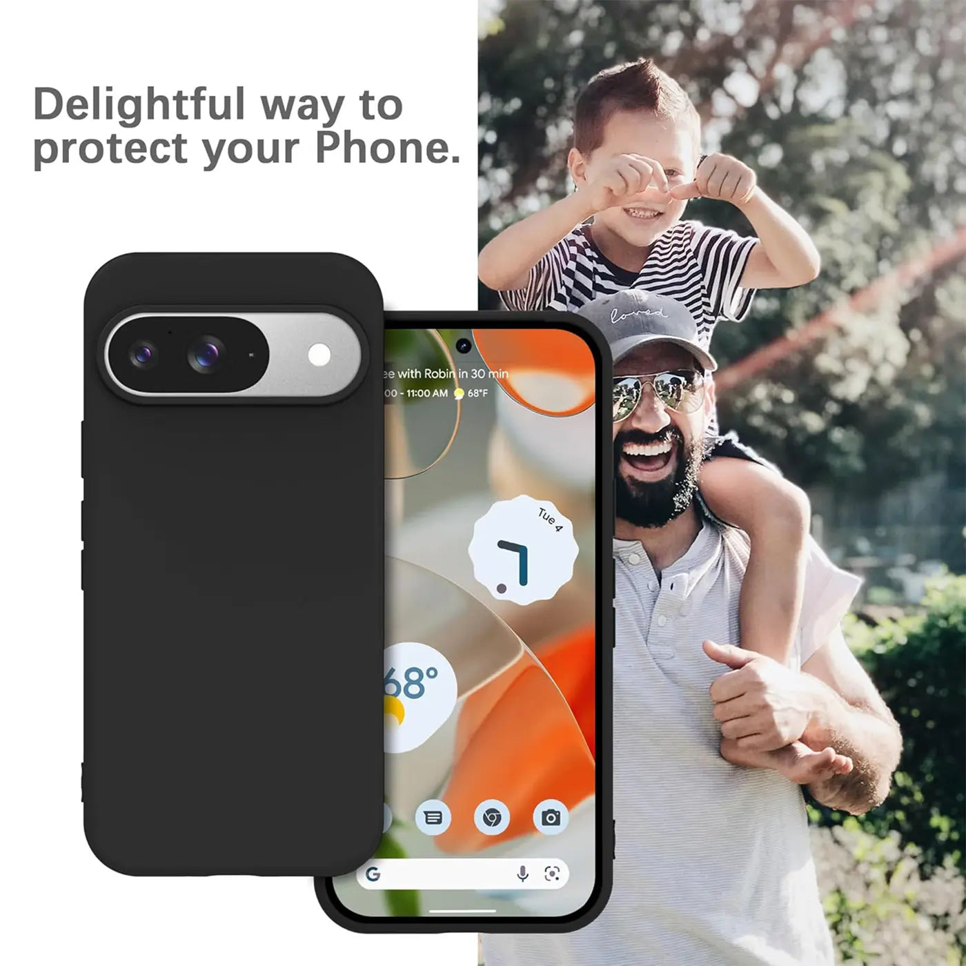 Schwarze Silikonhülle für Google Pixel 9, Rückseite und Display sichtbar, vor lachendem Mann mit Kind auf Schultern.