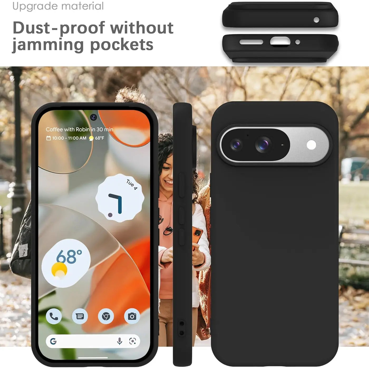 Drei Ansichten einer schwarzen Silikonhülle für das Google Pixel 9: Vorderseite, Seitenprofil und Rückseite.