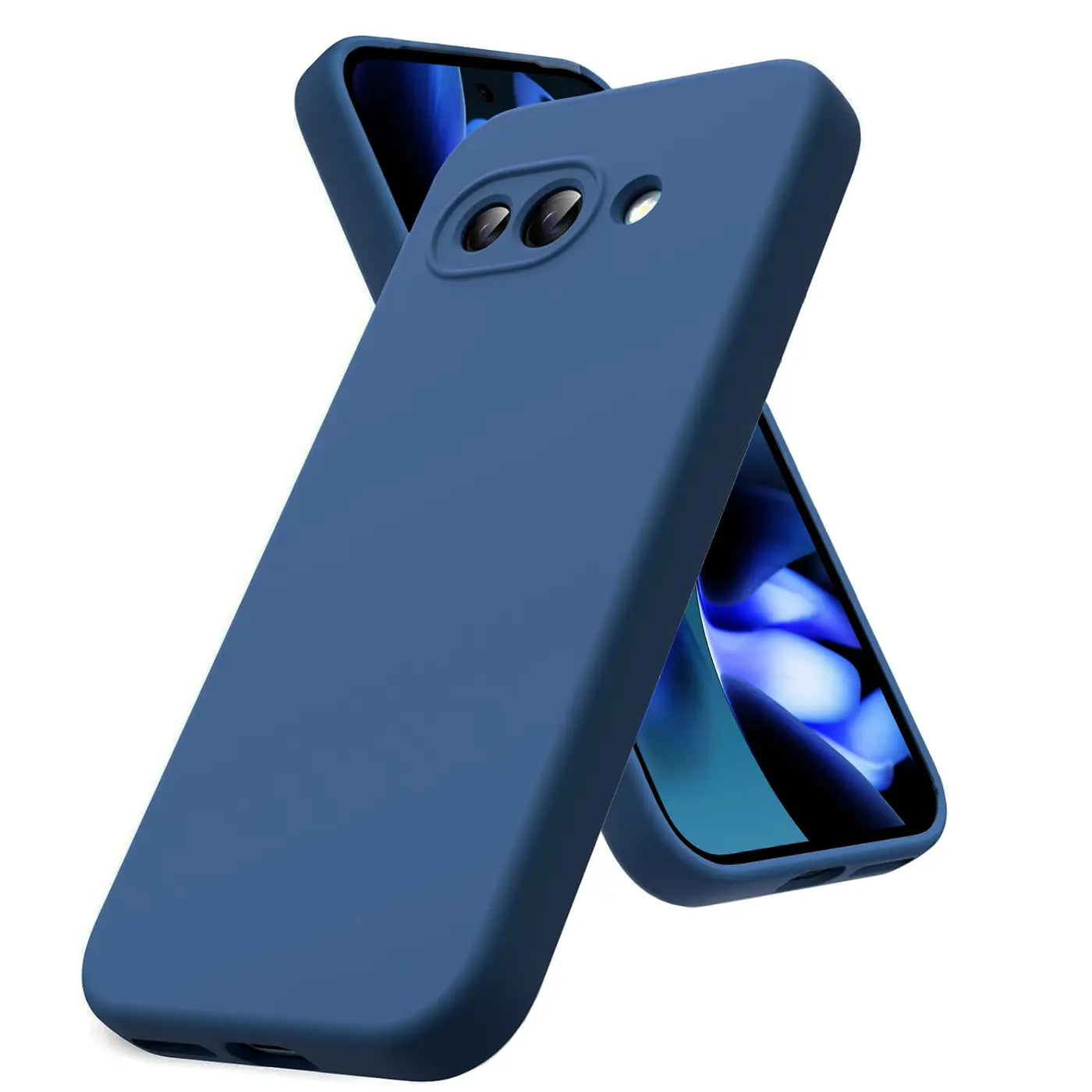 Dunkelblaue Silikonhülle für Google Pixel 9a, schräg von hinten links oben, mit Kameraausschnitten und Display.