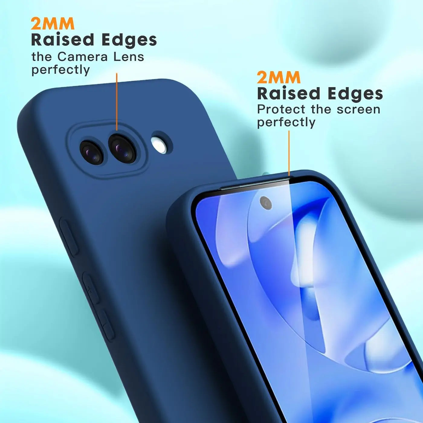 Dunkelblaue Silikonhülle für Google Pixel 9a, schräg von hinten/oben gezeigt, mit erhöhten Rändern um Kamera und Display.