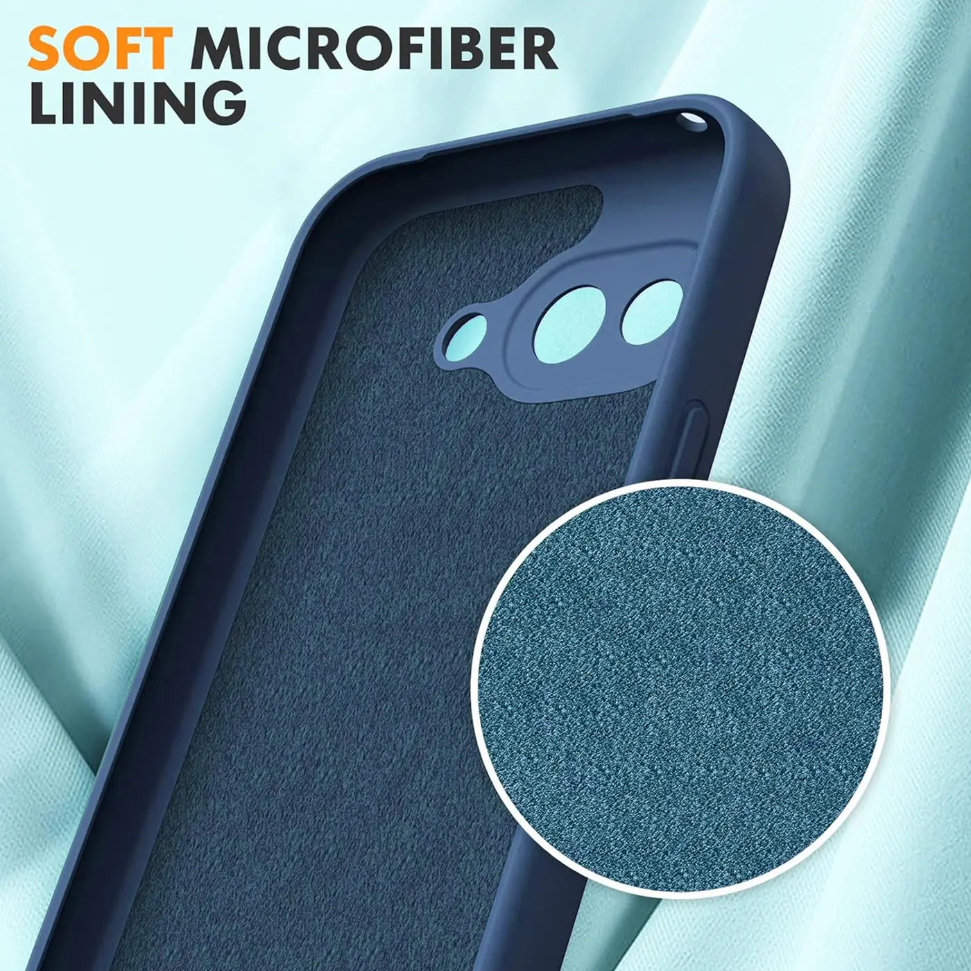 Dunkelblaue Silikonhülle für Google Pixel 9a, innen mit weichem, dunkelblauem Mikrofaserfutter, schräg von oben.