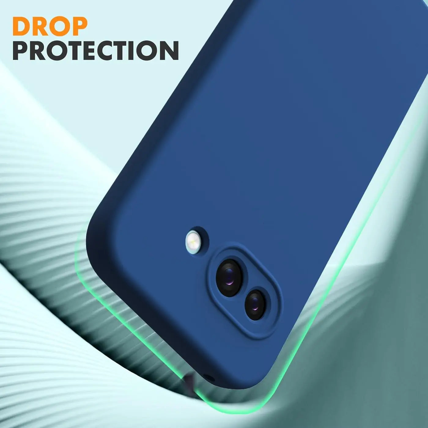 Dunkelblaue Silikonhülle für Google Pixel 9a, Rückseite mit Kameraausschnitt, schräg von oben.