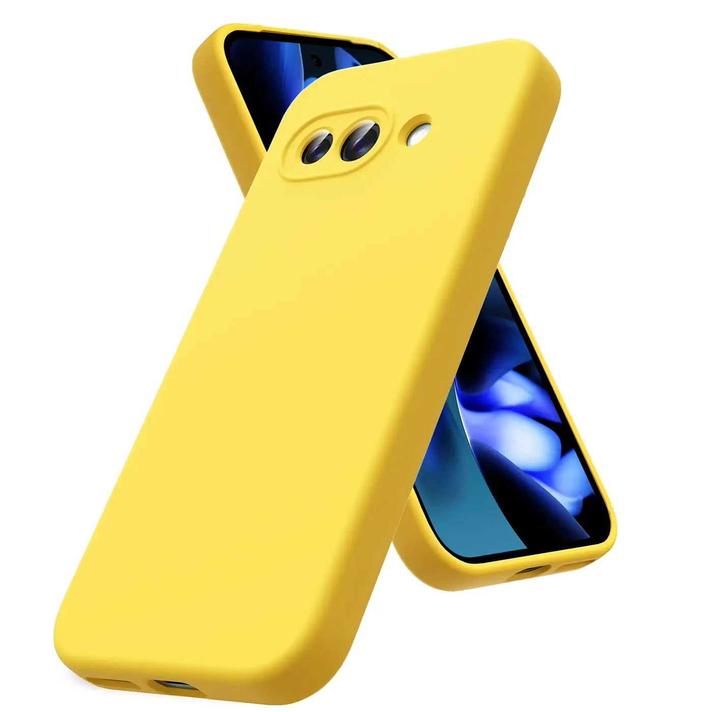 Gelbe Silikonhülle für Google Pixel 9a, schräg von hinten oben links, mit angedeutetem Display im Hintergrund.
