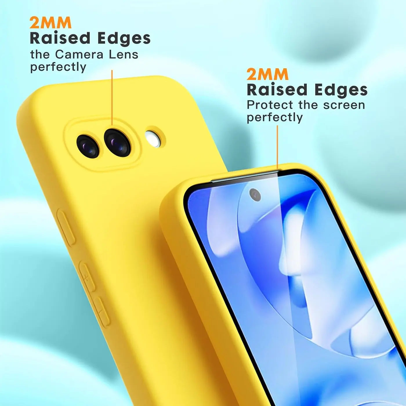 Gelbe Silikonhülle für Google Pixel 9a, schräg von oben. Rückseite mit Kameraausschnitten und Vorderseite mit Display.