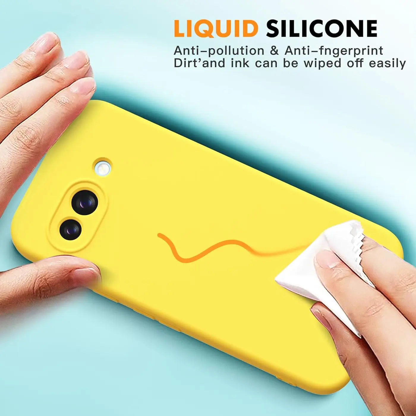 Gelbe Silikonhülle für Google Pixel 9a, von oben links gesehen. Eine Hand wischt einen orangefarbenen Strich ab.