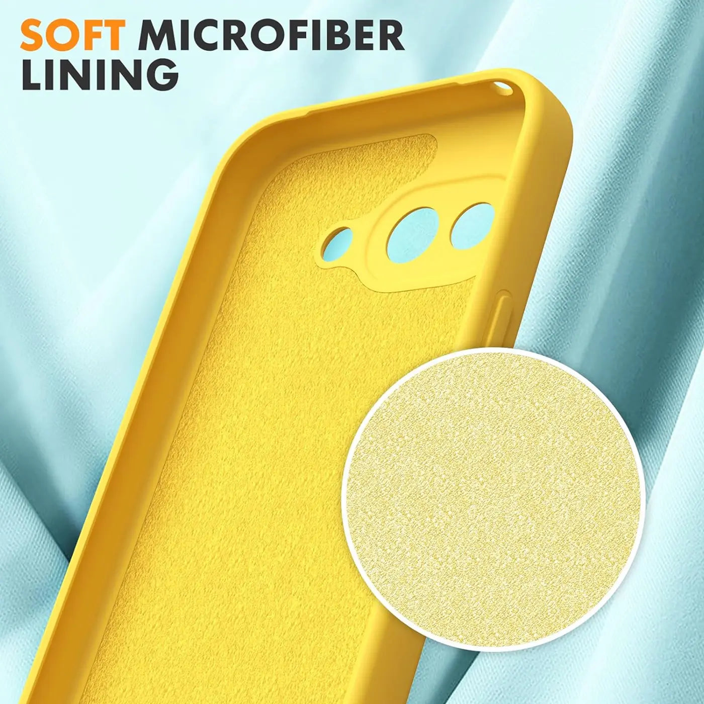 Gelbe Silikonhülle für Google Pixel 9a, schräg von oben. Innen mit gelbem Mikrofaserfutter, Nahaufnahme im Kreis.