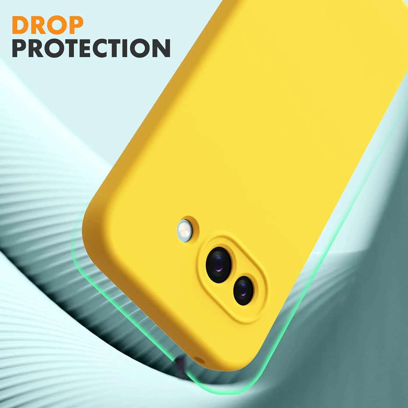 Gelbe Silikonhülle für Google Pixel 9a, Rückseite schräg von oben mit Kameraausschnitt und Blitz.
