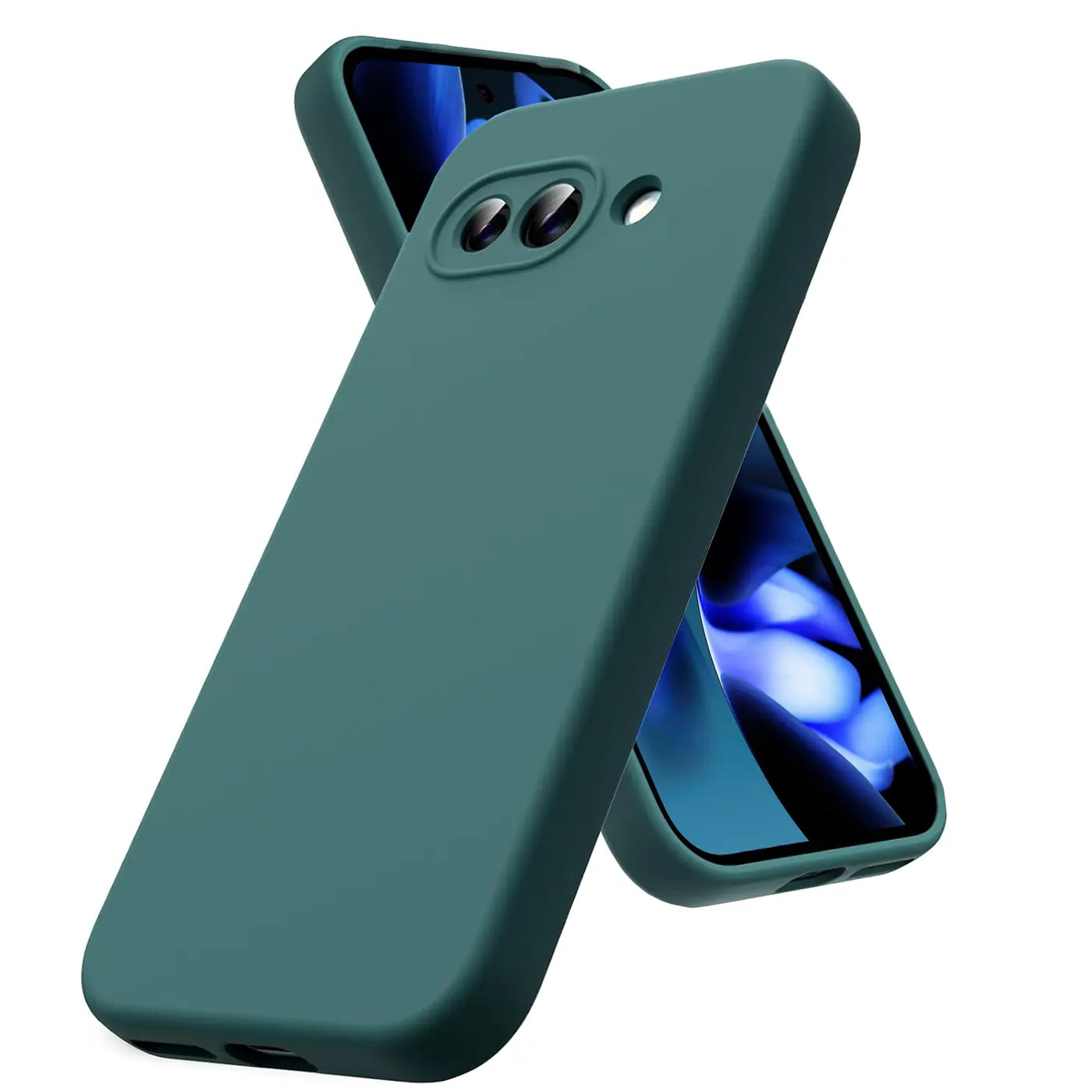 Dunkelgrüne Silikonhülle für Google Pixel 9a, schräg von hinten links oben fotografiert, mit zweiter Hülle im Hintergrund.