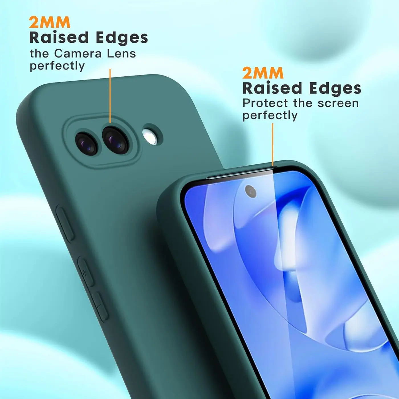 Dunkelgrüne Silikonhülle für Google Pixel 9a, schräg von oben. Erhöhte Ränder an Kamera und Display sind sichtbar.