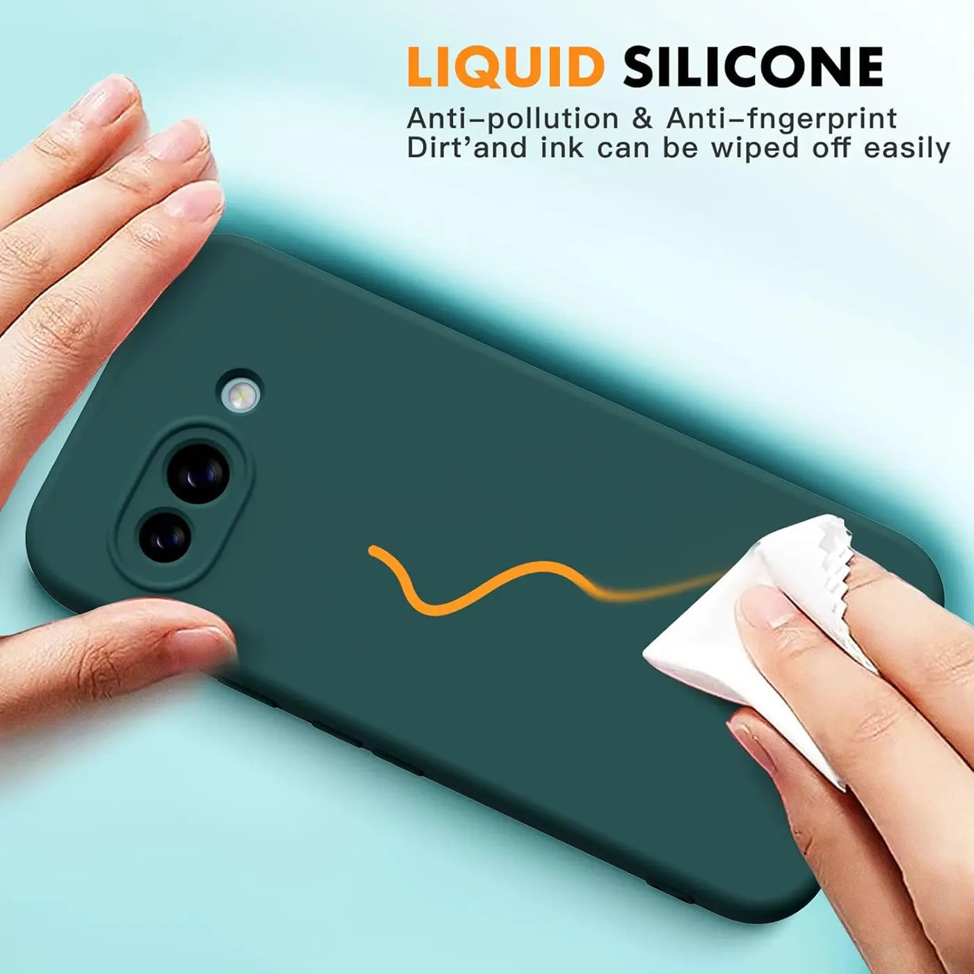 Dunkelgrüne Silikonhülle für Google Pixel 9a, schräg von oben. Eine Hand wischt mit einem Tuch einen Strich weg.