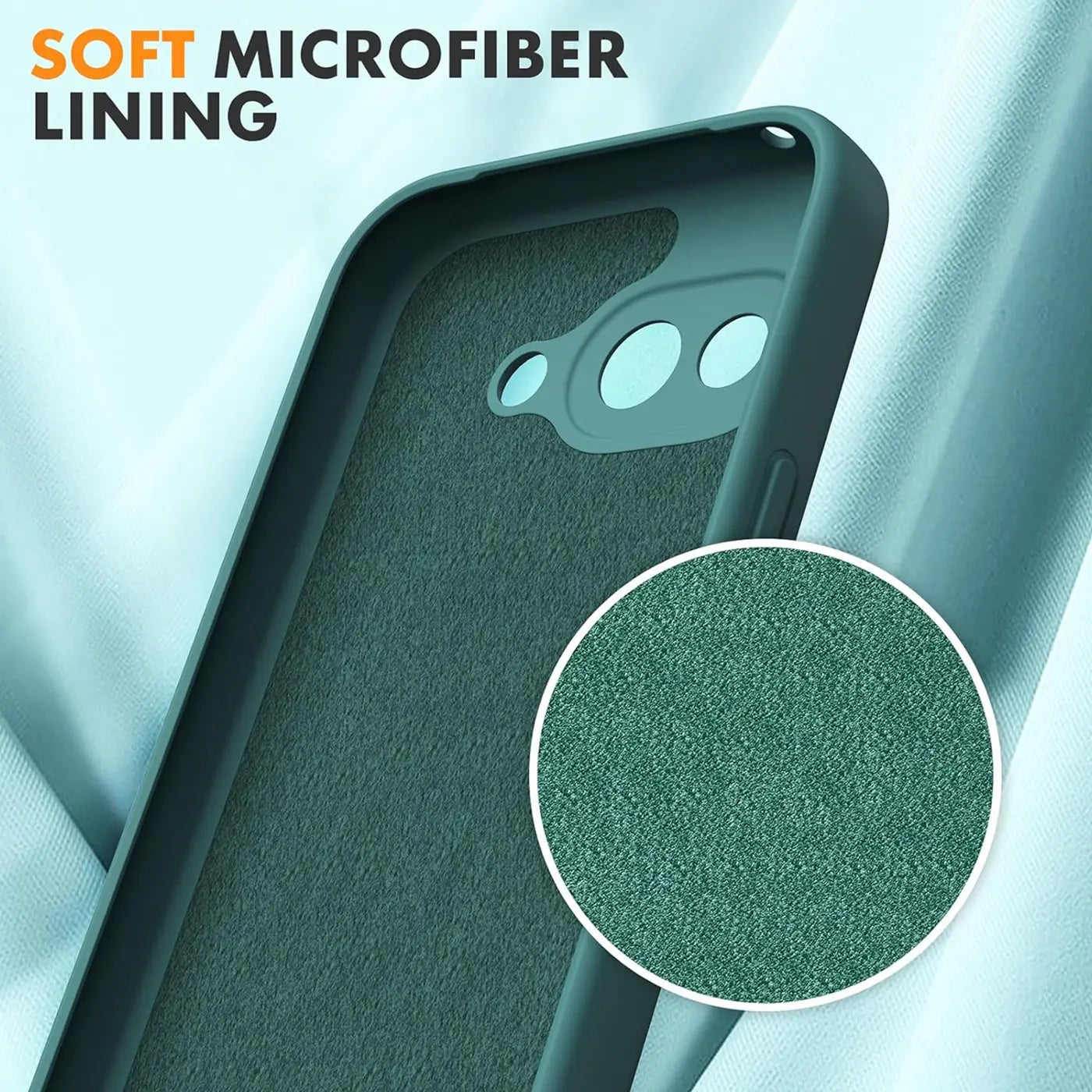 Dunkelgrüne Silikonhülle für Google Pixel 9a, schräg von oben. Innenfutter aus Mikrofaser, vergrößert im Kreis.