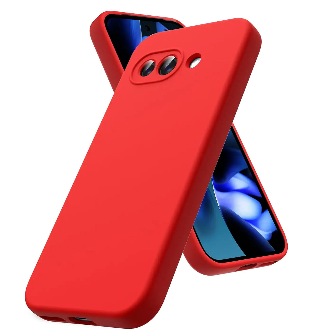 Rote Silikonhülle für Google Pixel 9a, schräg von hinten links oben fotografiert, mit zweitem Handy im Hintergrund.