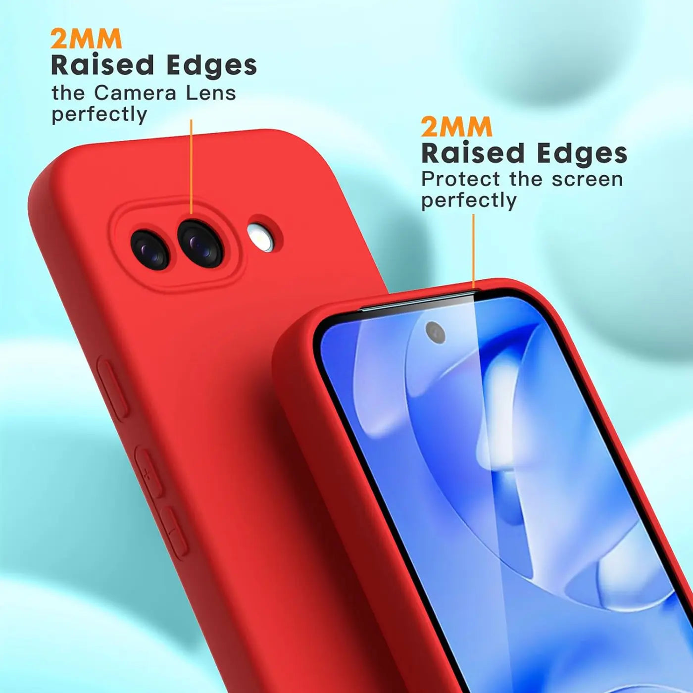 Rote Silikonhülle für Google Pixel 9a, schräg von hinten rechts. Erhöhte Ränder schützen Kamera und Display.