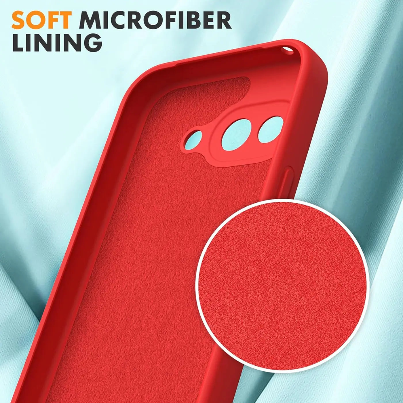 Rote Silikonhülle für Google Pixel 9a, schräg von oben. Innen mit rotem Mikrofaserfutter, Detailausschnitt rechts.