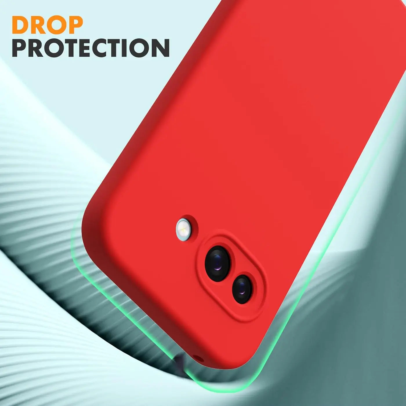Rote Silikonhülle für Google Pixel 9a, Rückseite schräg von oben mit Kameraausschnitt und Blitz.