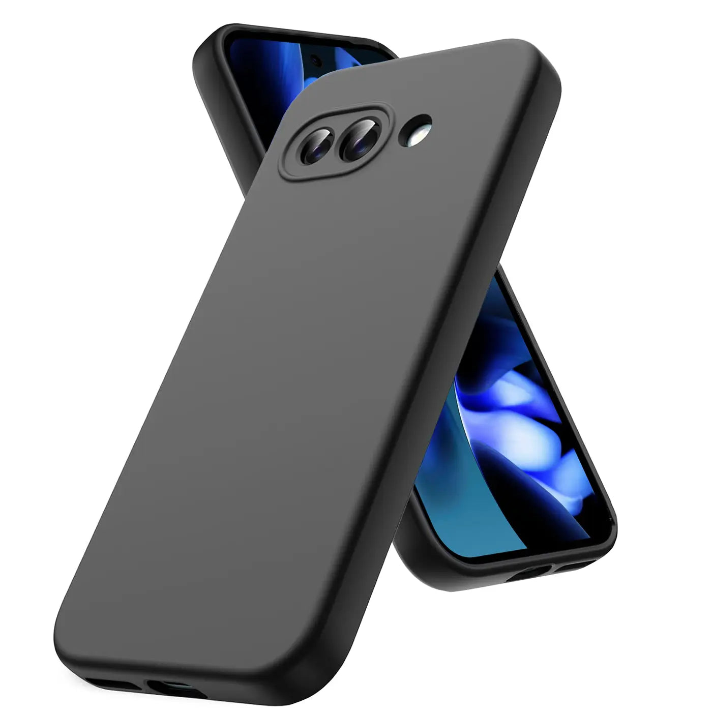 Schwarze Silikonhülle für Google Pixel 9a, schräg von hinten links oben, mit sichtbarem Display des Handys.