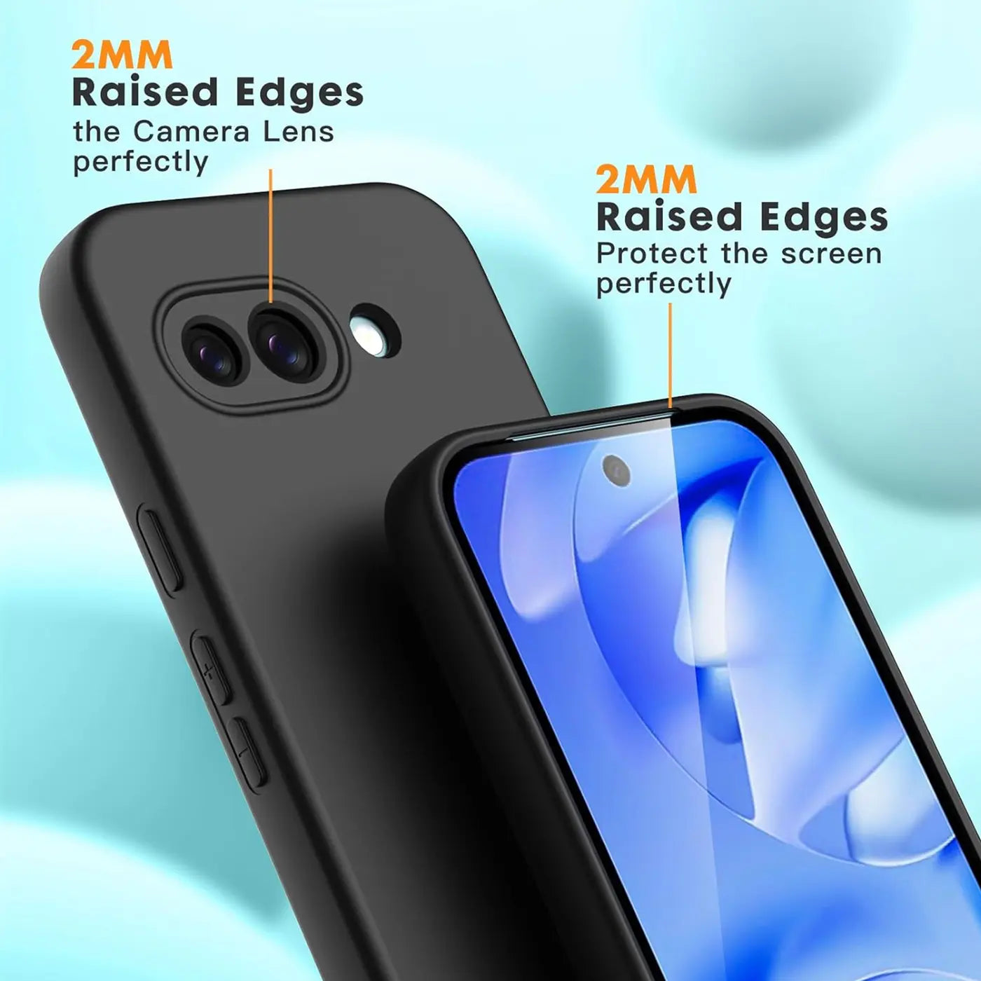 Schwarze Silikonhülle für Google Pixel 9a, schräg von oben, zeigt erhöhte Ränder um Kamera und Display.