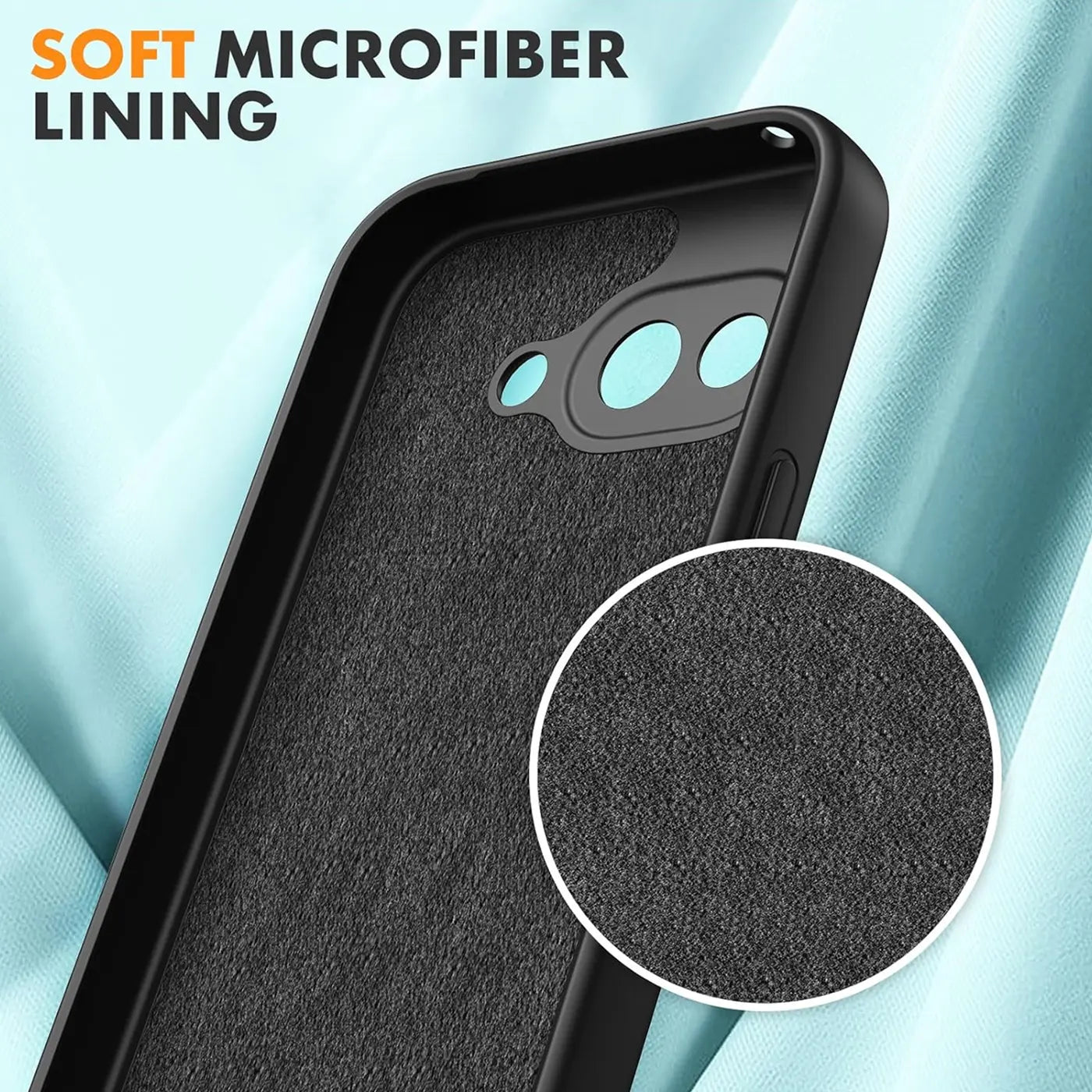 Nahaufnahme der schwarzen Silikonhülle für Google Pixel 9a, innen mit weichem, dunklem Mikrofaserfutter.