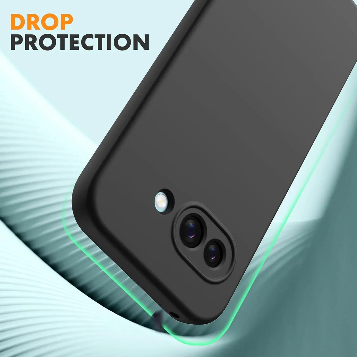 Schwarze Silikonhülle für Google Pixel 9a, Rückseite mit Kamera und Blitz, schräg von oben.