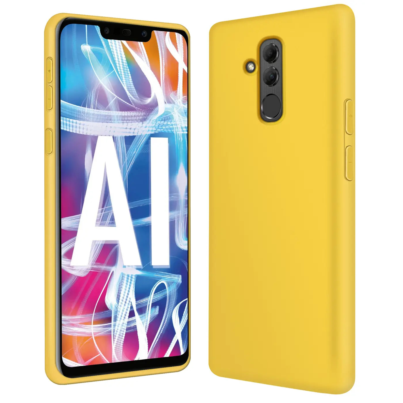 Gelbe Silikonhülle für Huawei Mate 20 Lite, Vorder- und Rückansicht