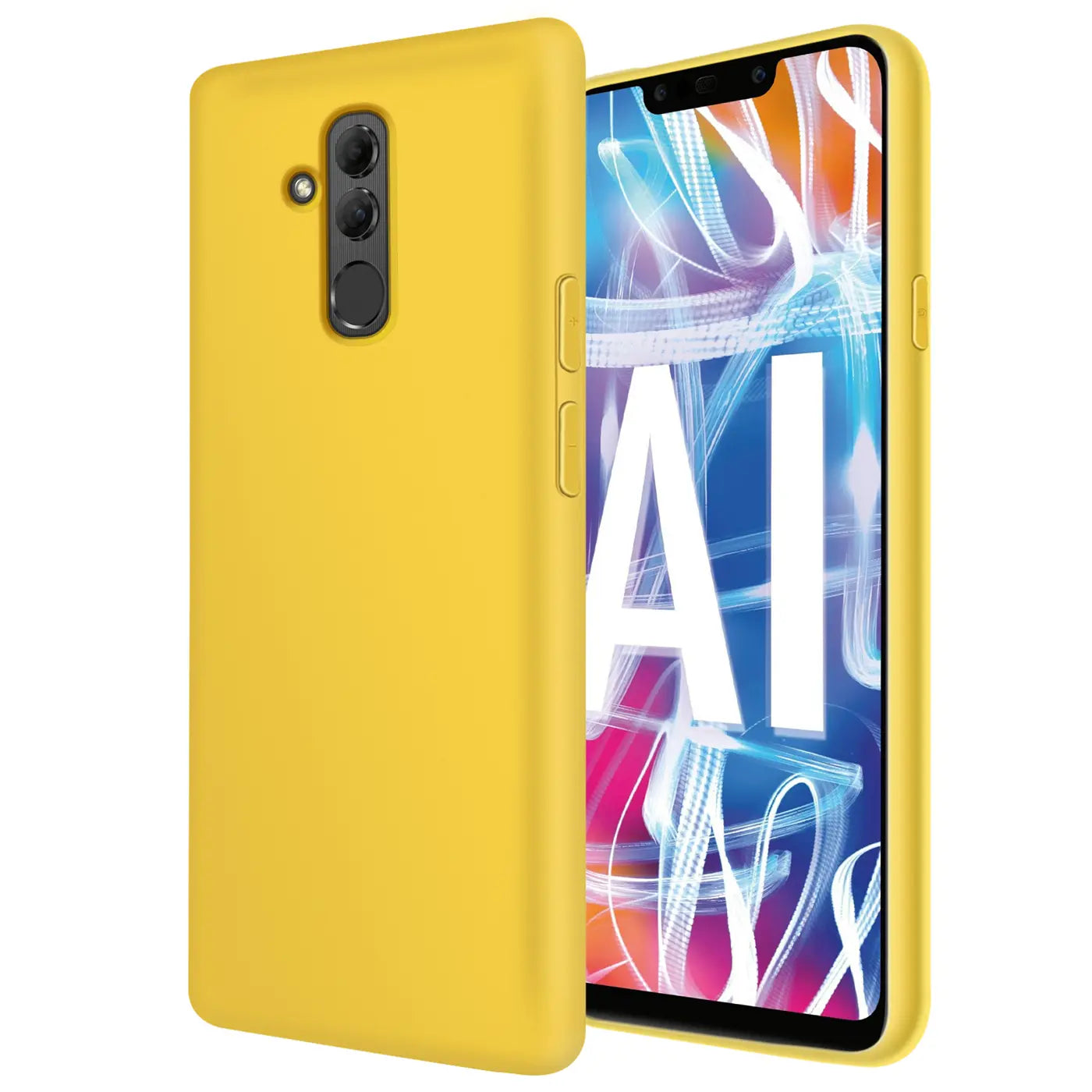 Gelbe Silikonhülle für Huawei Mate 20 Lite, von vorne/seitlich gezeigt.