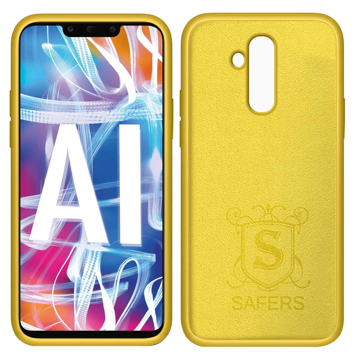 Gelbe Silikonhülle mit Mikrofaser-Innenfutter für Huawei Mate 20 Lite, Vorder- und Rückansicht.