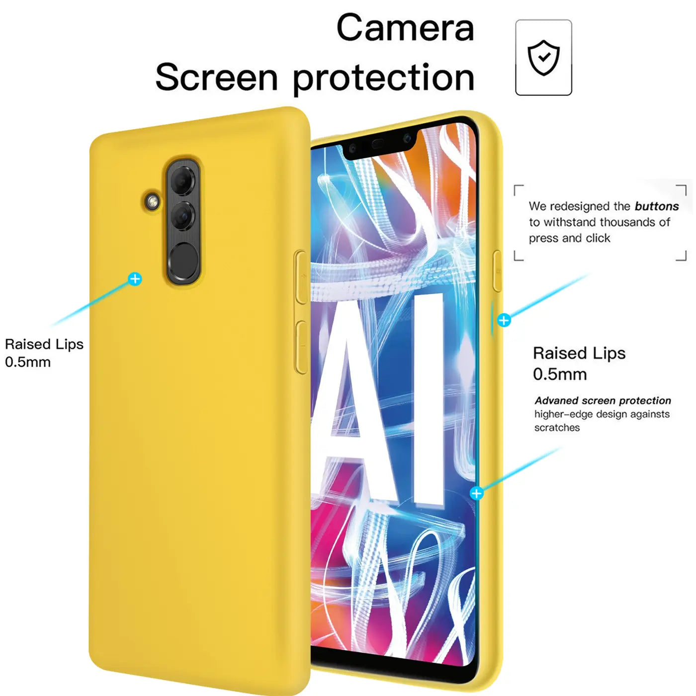 Gelbe Silikonhülle für Huawei Mate 20 Lite, Vorderansicht, mit Mikrofaser-Innenfutter.