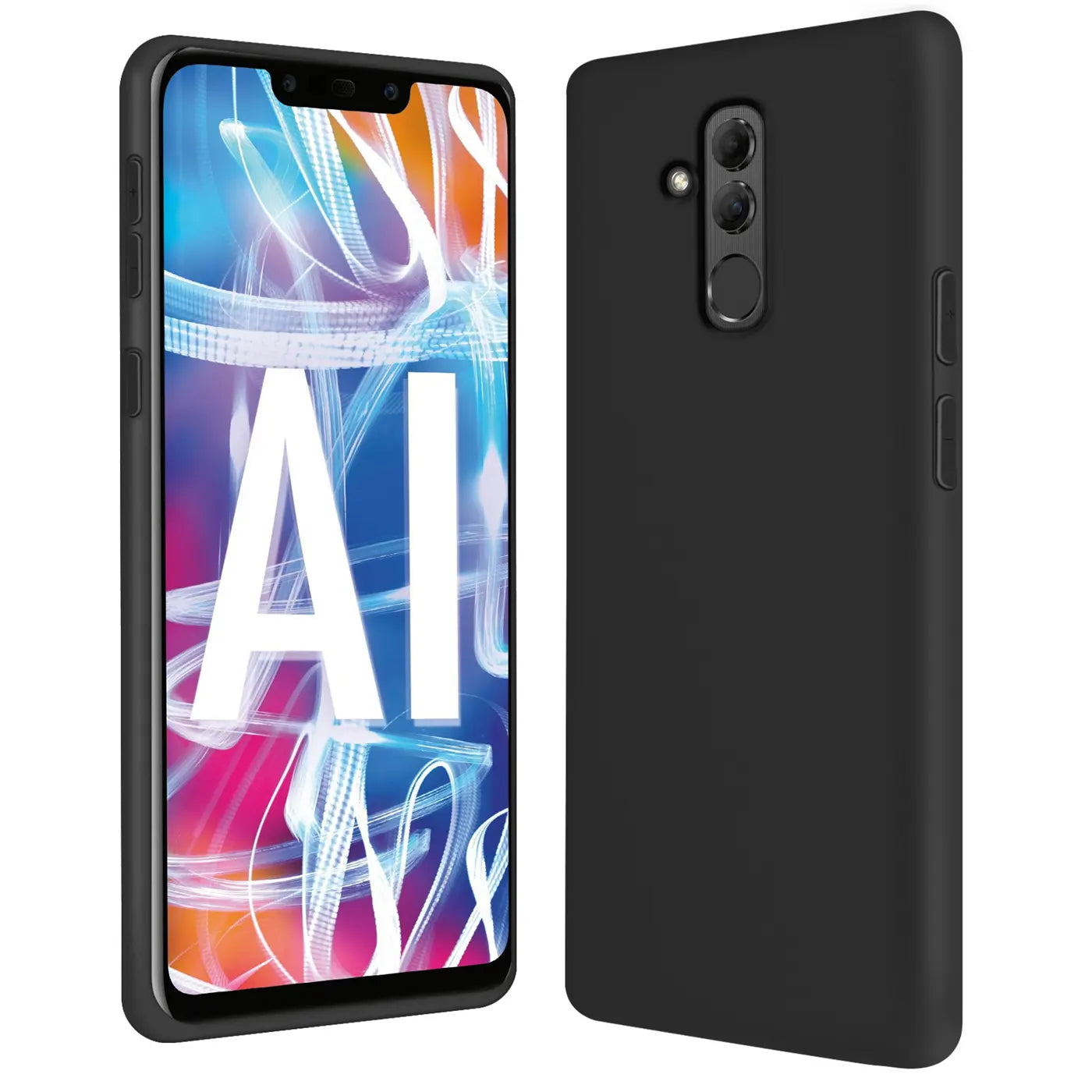 Schwarze Silikonhülle für Huawei Mate 20 Lite, Rückseite und Vorderseite von vorne und schräg