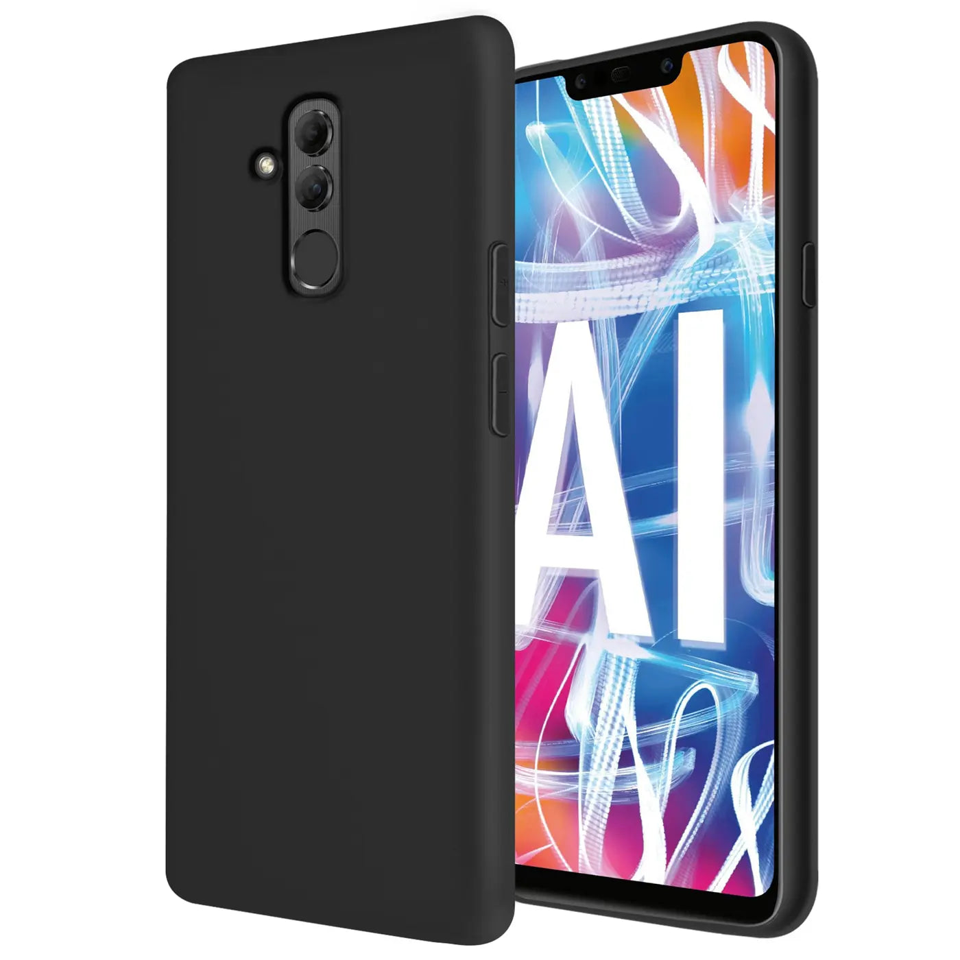 Schwarze Silikonhülle für Huawei Mate 20 Lite, von vorne links gezeigt.