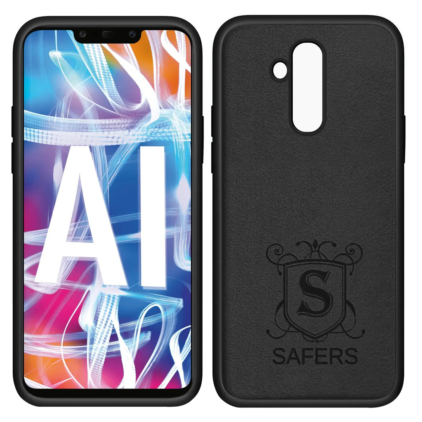 Huawei Mate 20 Lite mit schwarzer Silikonhülle, Rückseite mit Logo, Vorderseite mit Display.