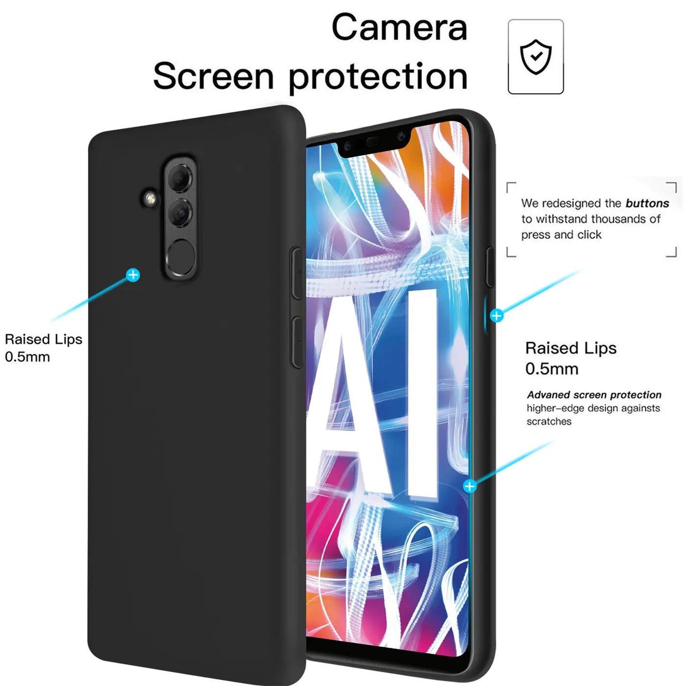 Schwarze Silikonhülle für Huawei Mate 20 Lite, Rückseite und Seite von vorne gezeigt.