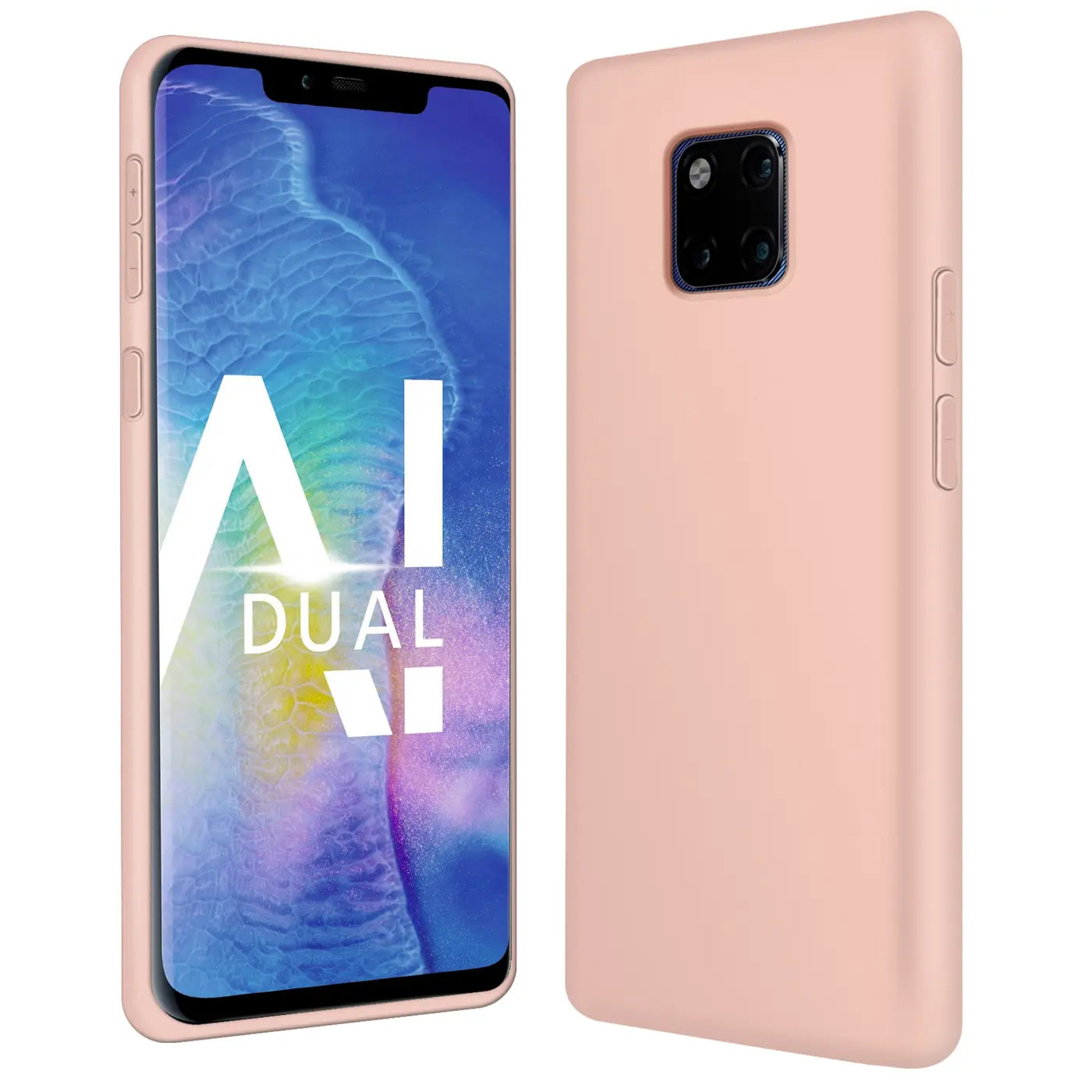 Rosa Silikonhülle für Huawei Mate 20 Pro, Rückansicht und Vorderansicht.