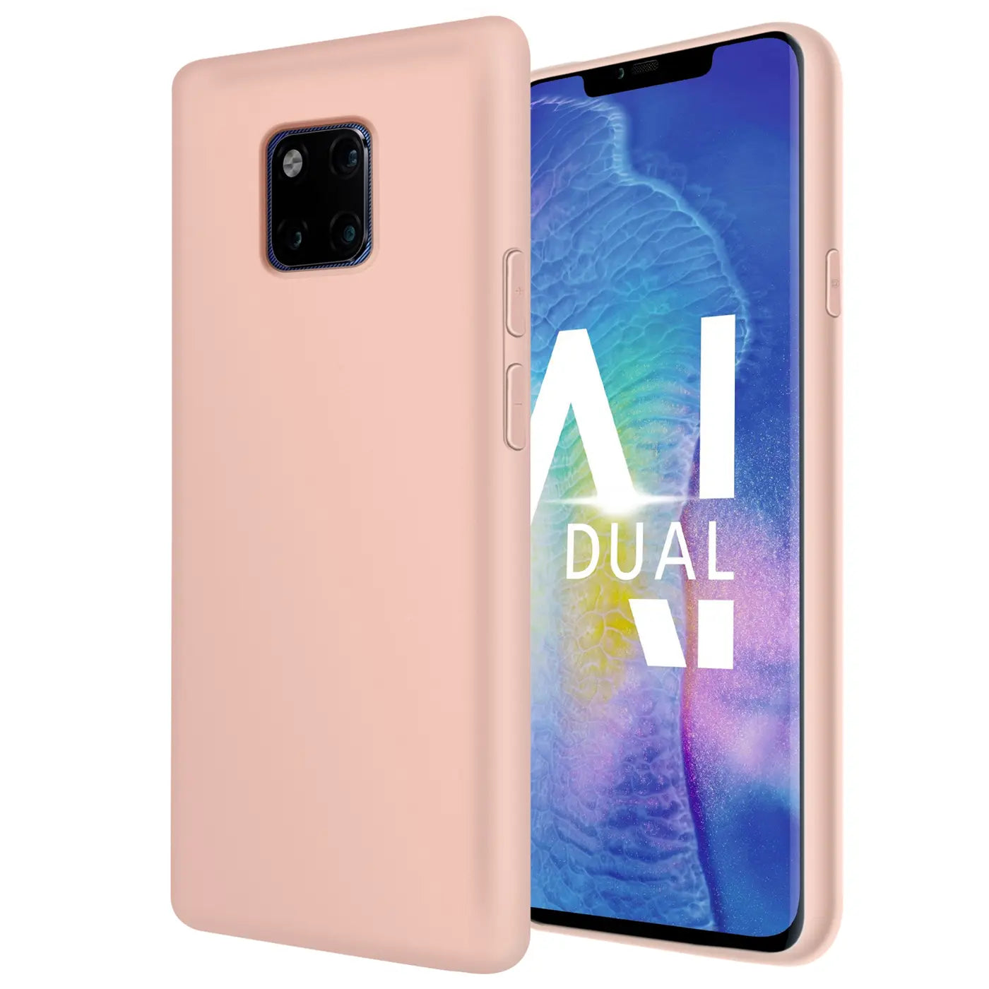 Rosa Silikonhülle für Huawei Mate 20 Pro, von vorne/seitlich gezeigt.