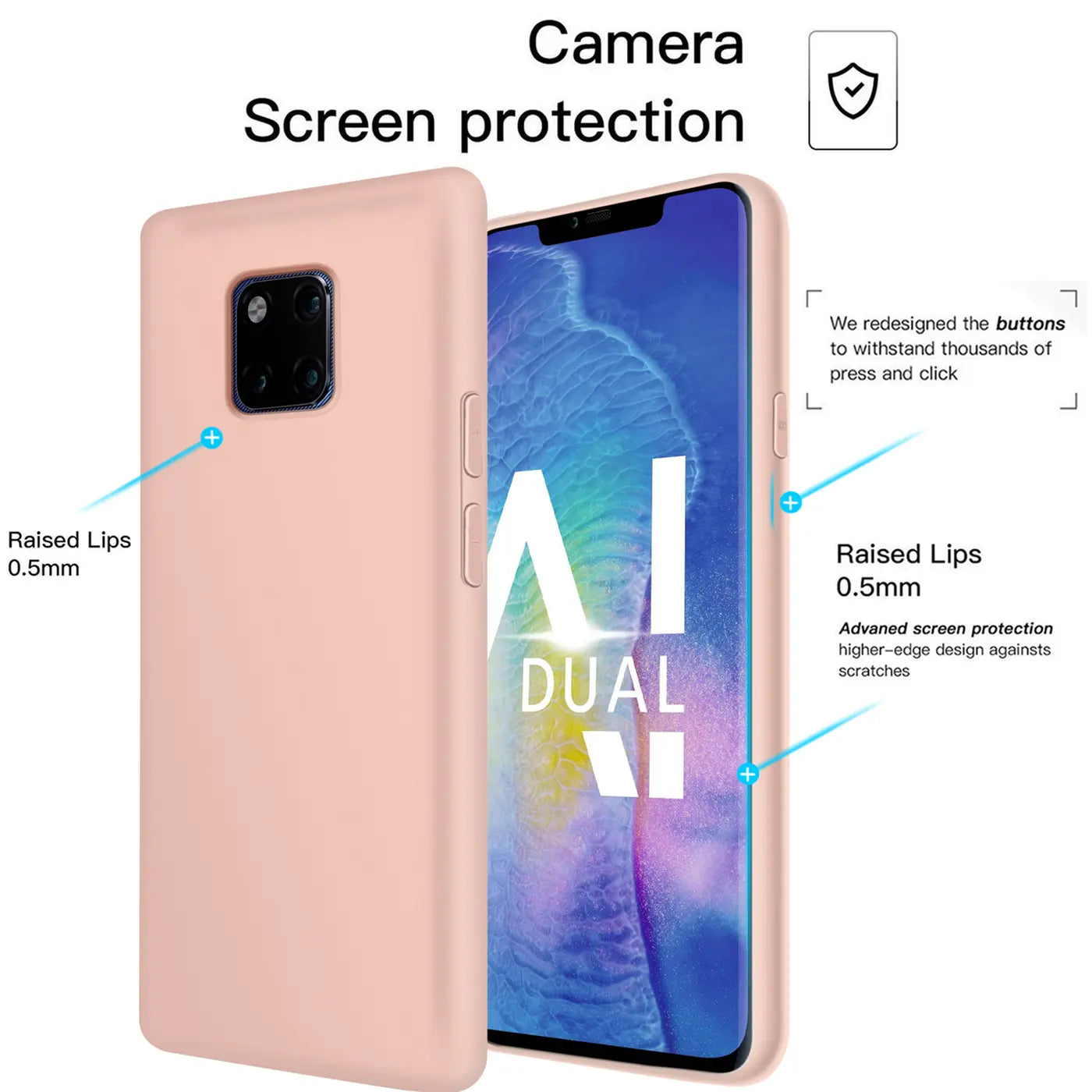 Rosa Silikonhülle für Huawei Mate 20 Pro, von vorne/seitlich, mit Gerät.