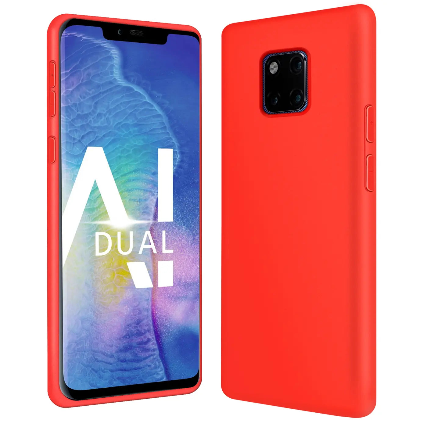 Rote Silikonhülle für Huawei Mate 20 Pro, Vorder- und Rückansicht.