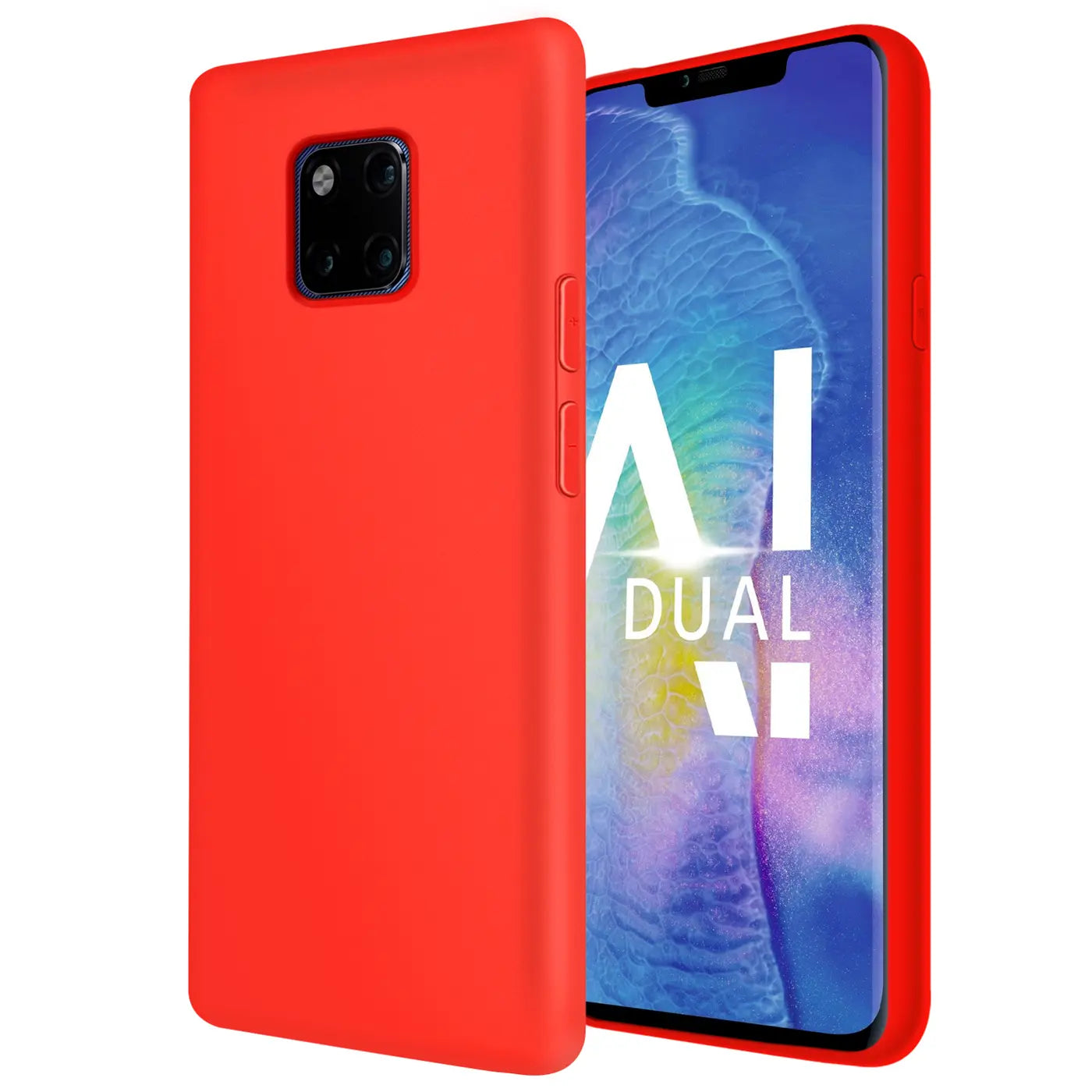 Rote Silikonhülle mit Mikrofaser-Innenfutter für Huawei Mate 20 Pro, Seitenansicht.