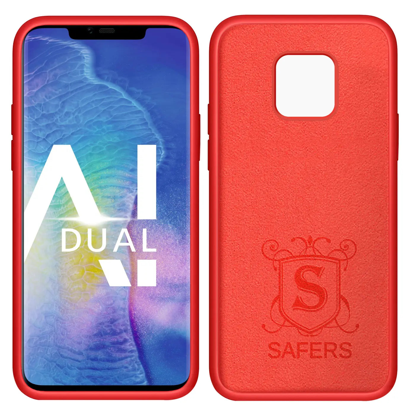 Rote Silikonhülle für Huawei Mate 20 Pro, Vorder- und Rückansicht. Mikrofaser-Innenfutter.