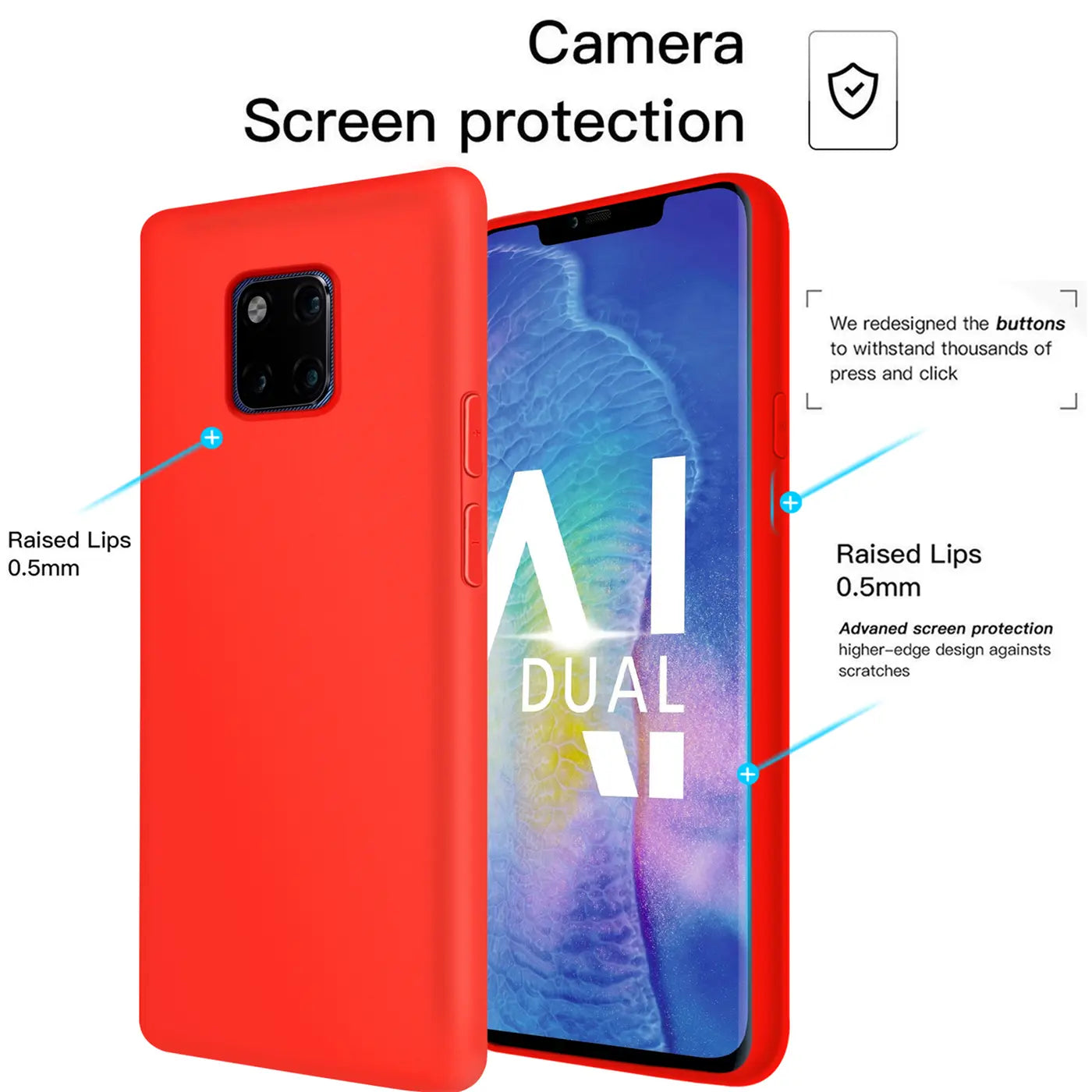 Rote Silikonhülle für Huawei Mate 20 Pro, von vorne/seitlich, mit Display.