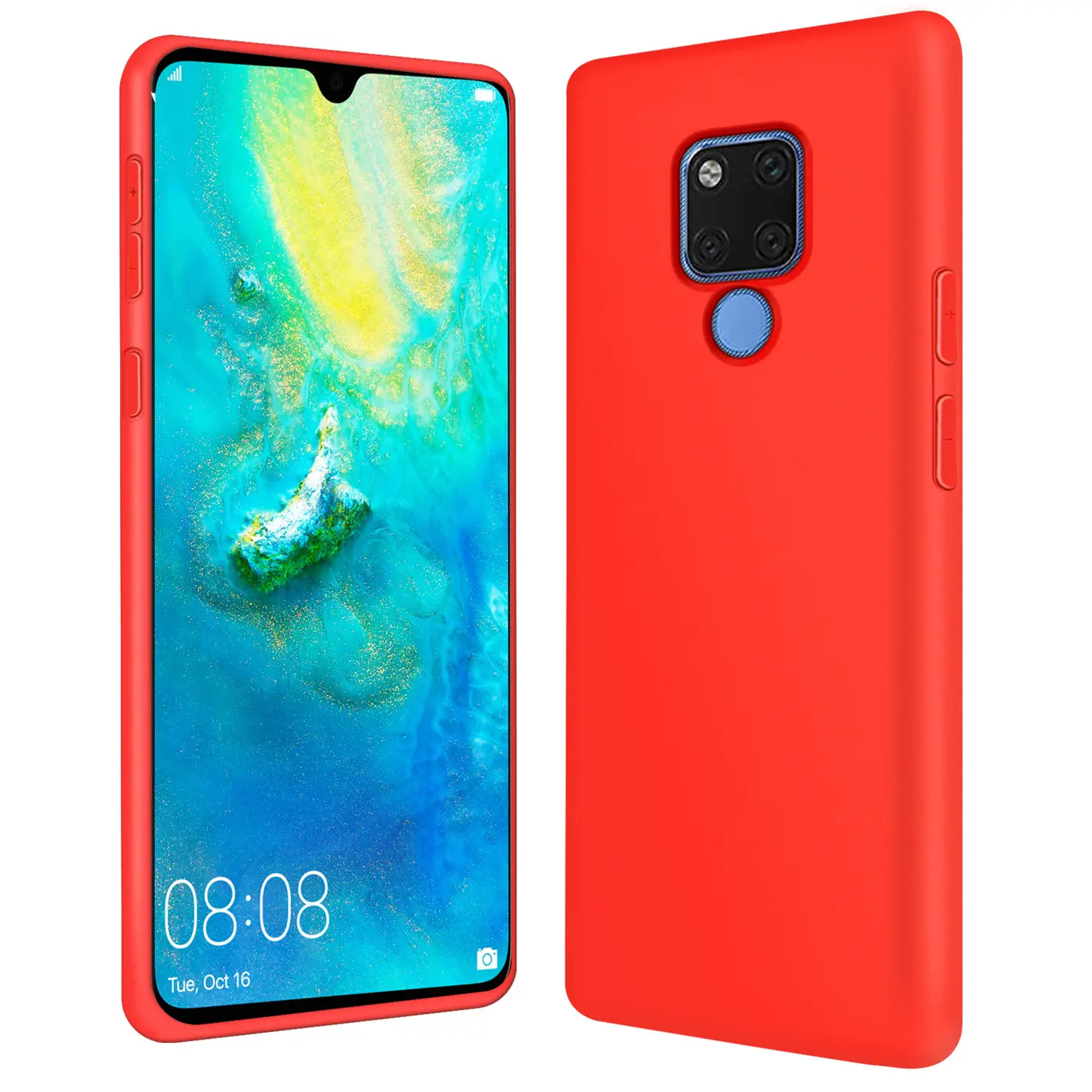 Rote Silikonhülle mit Mikrofaser-Innenfutter für Huawei Mate 20, Vorder- und Rückansicht.