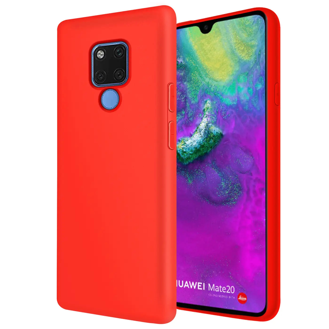 Rote Silikonhülle für Huawei Mate 20, von vorne links, mit Mikrofaser-Innenfutter.