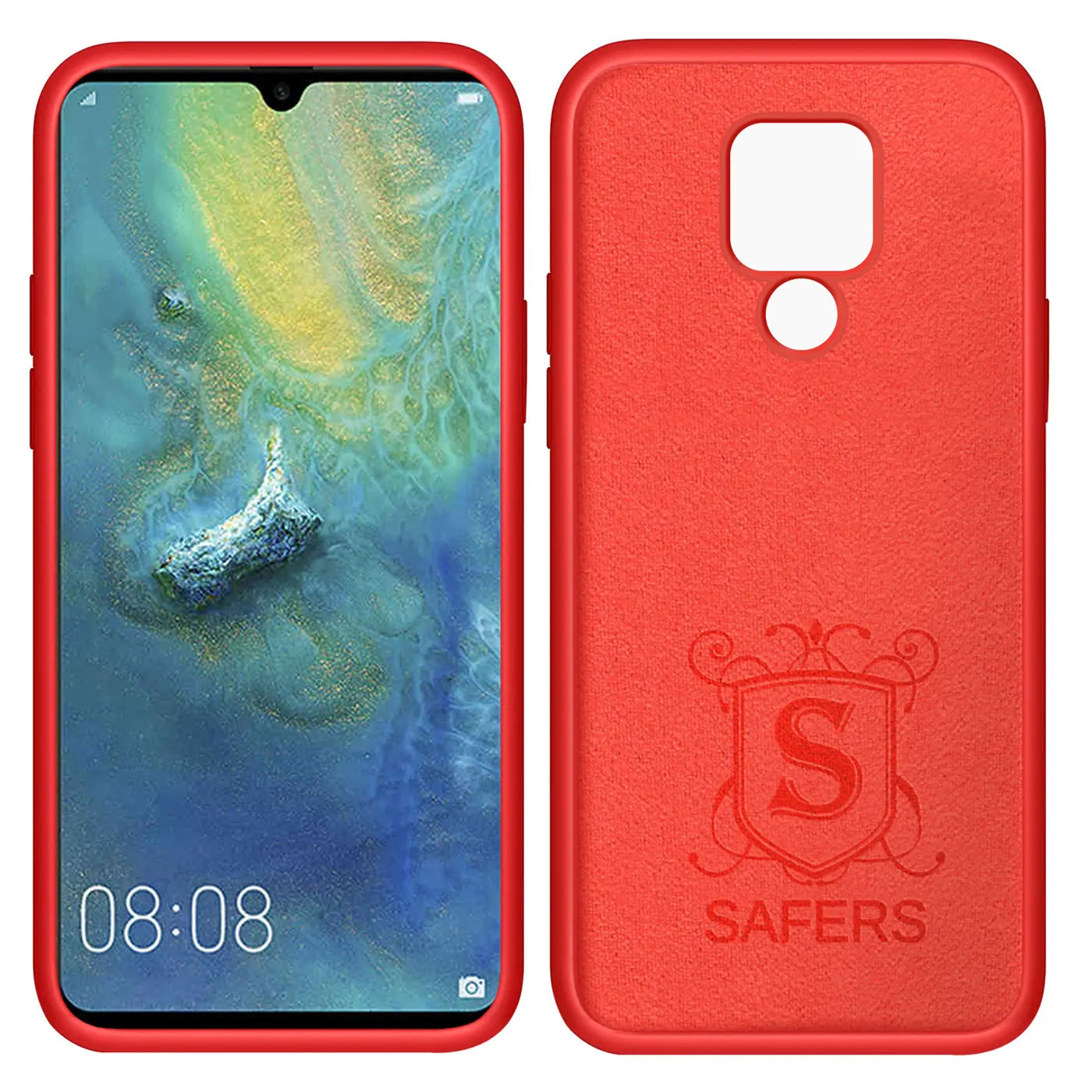 Rote Silikonhülle für Huawei Mate 20, Vorder- und Rückansicht. Mikrofaser-Innenfutter.