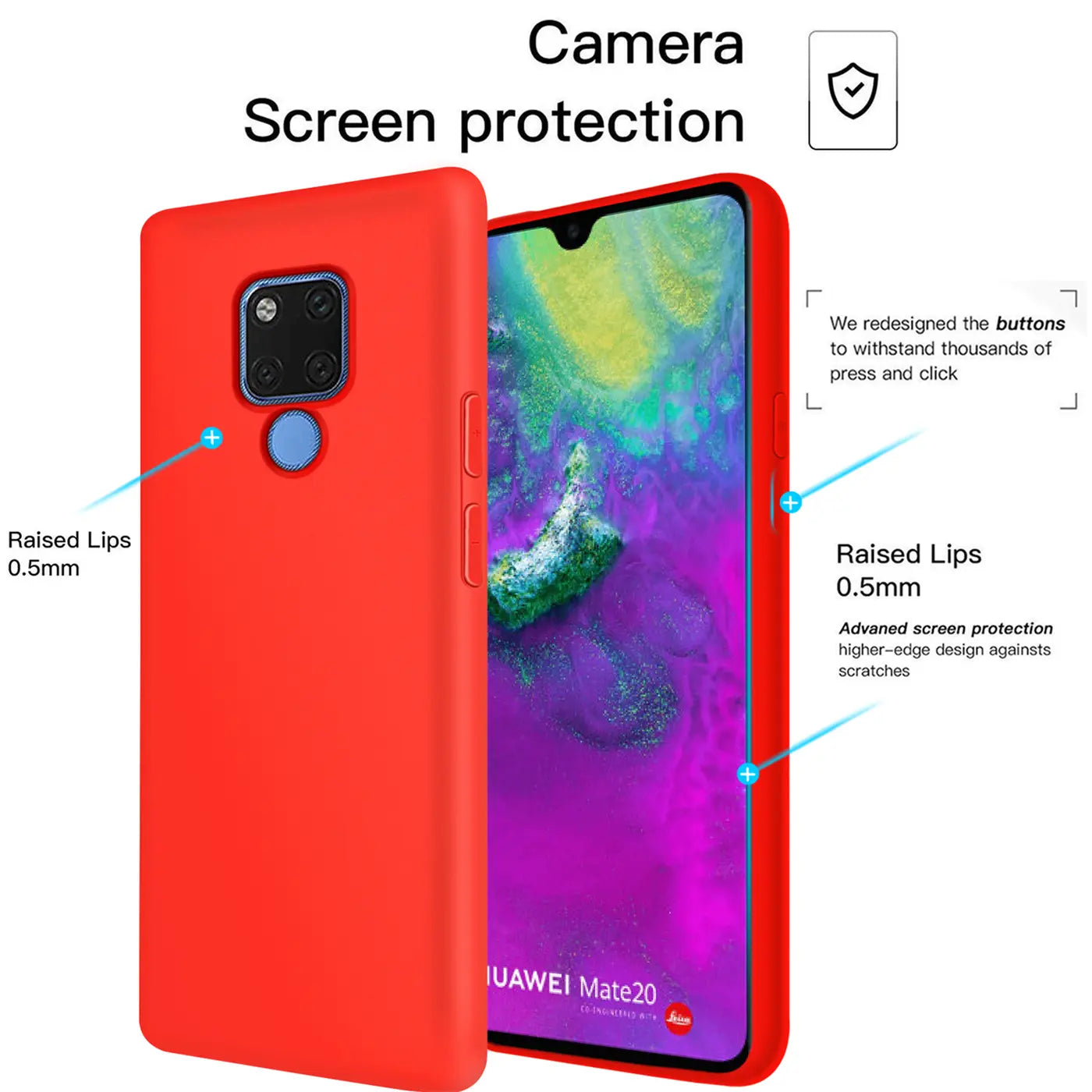 Rote Silikonhülle für Huawei Mate 20, von schräg vorne, mit Mikrofaser-Innenfutter.