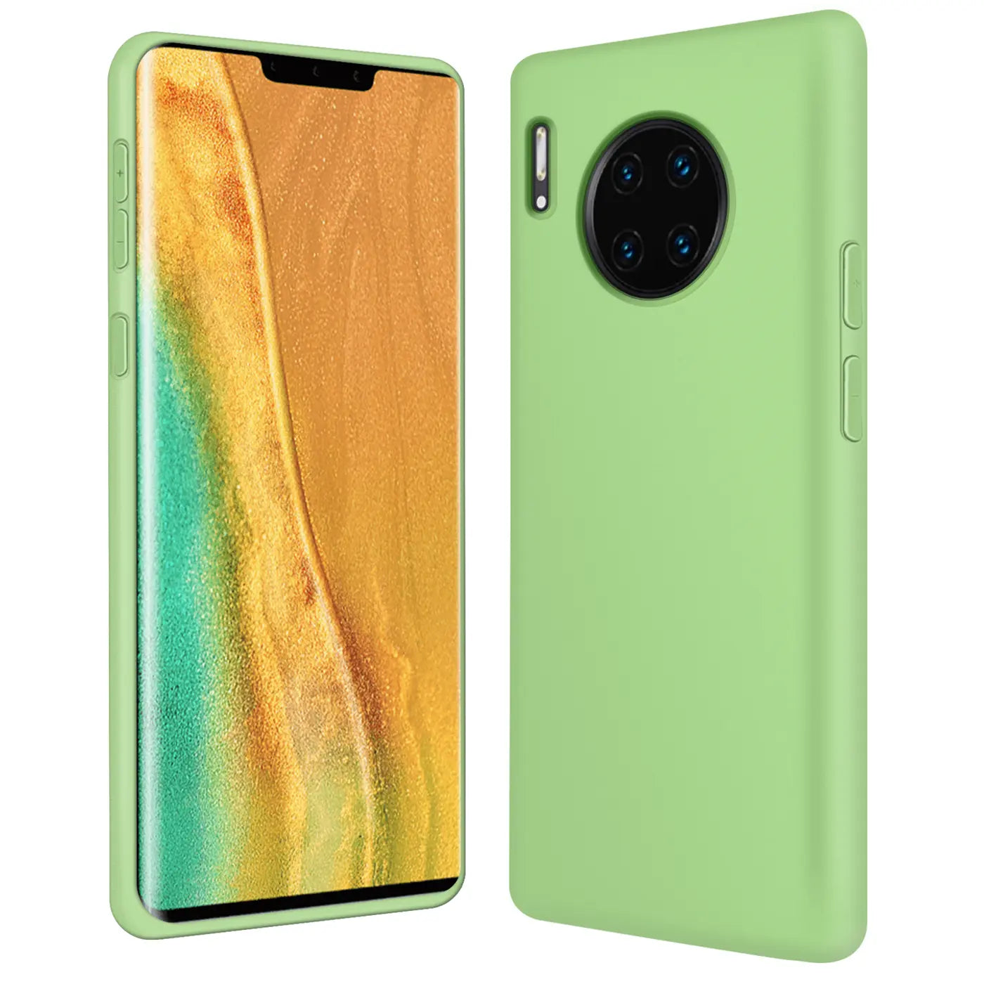Grüne Silikonhülle für Huawei Mate 30 Pro, von vorne und hinten gezeigt.