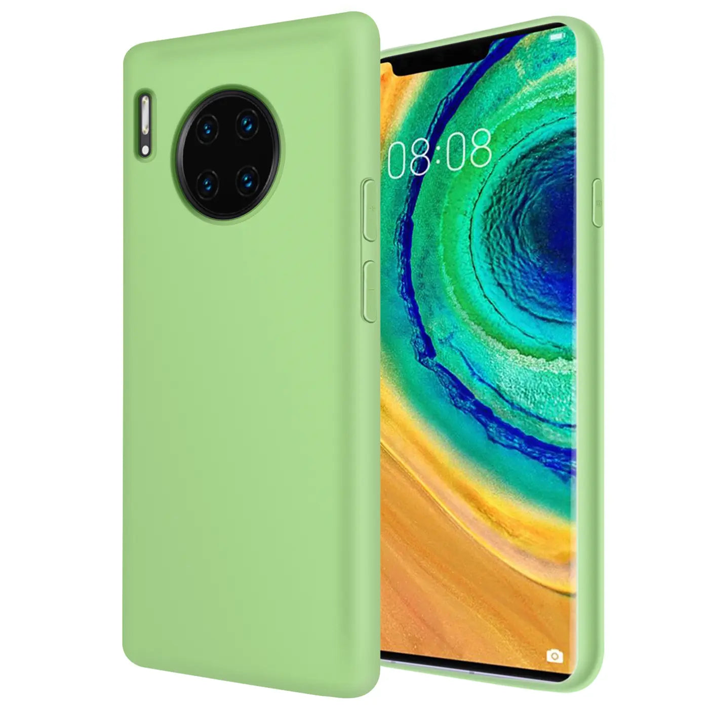 Hellgrüne Silikonhülle mit Mikrofaser-Innenfutter für Huawei Mate 30 Pro, Seitenansicht.