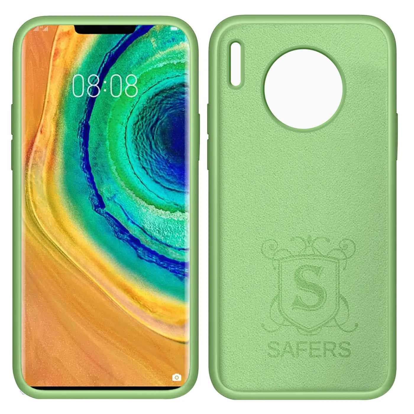 Grüne Silikonhülle für Huawei Mate 30 Pro, Vorder- und Rückansicht, Mikrofaser innen.