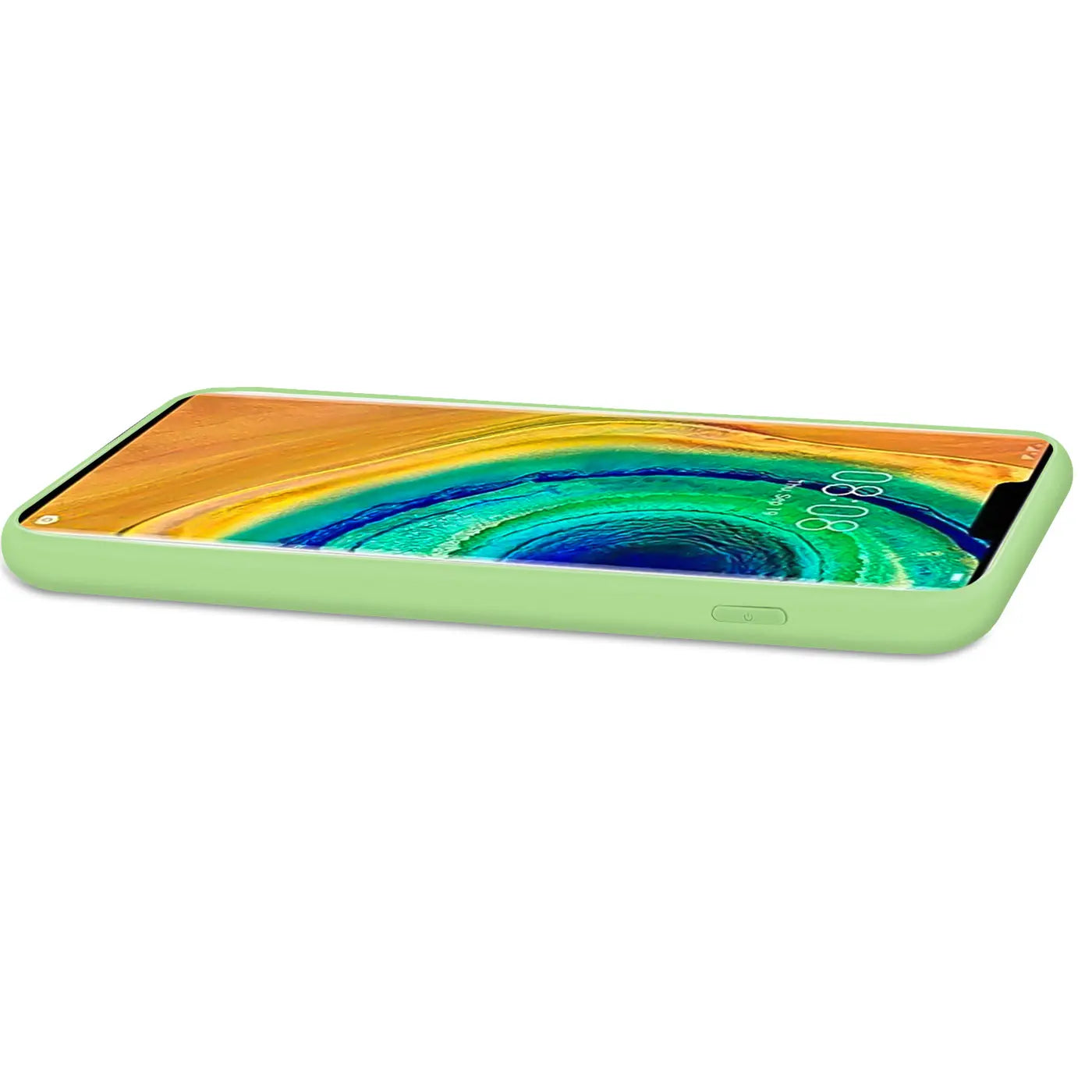 Hellgrüne Silikonhülle mit Mikrofaser-Innenfutter, von der Seite auf ein Huawei Mate 30 Pro gelegt.
