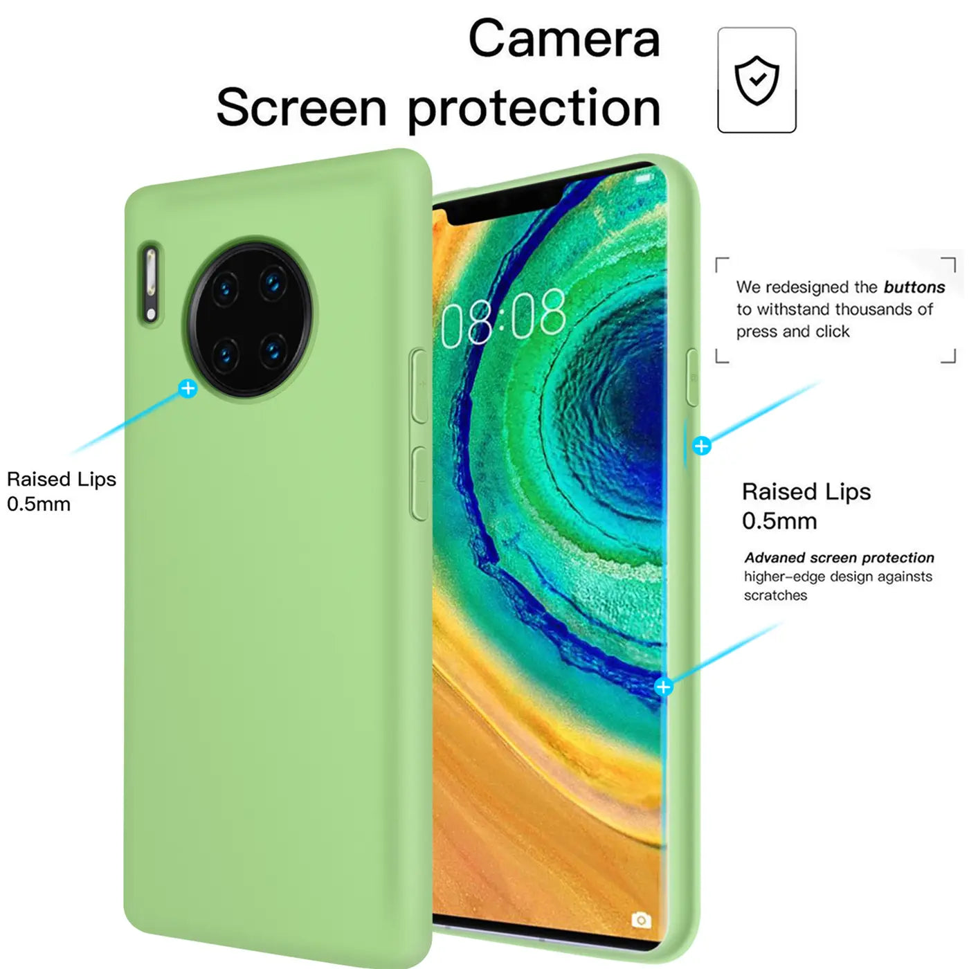 Grüne Silikonhülle, Mikrofaser innen, Huawei Mate 30 Pro, Seitenansicht.