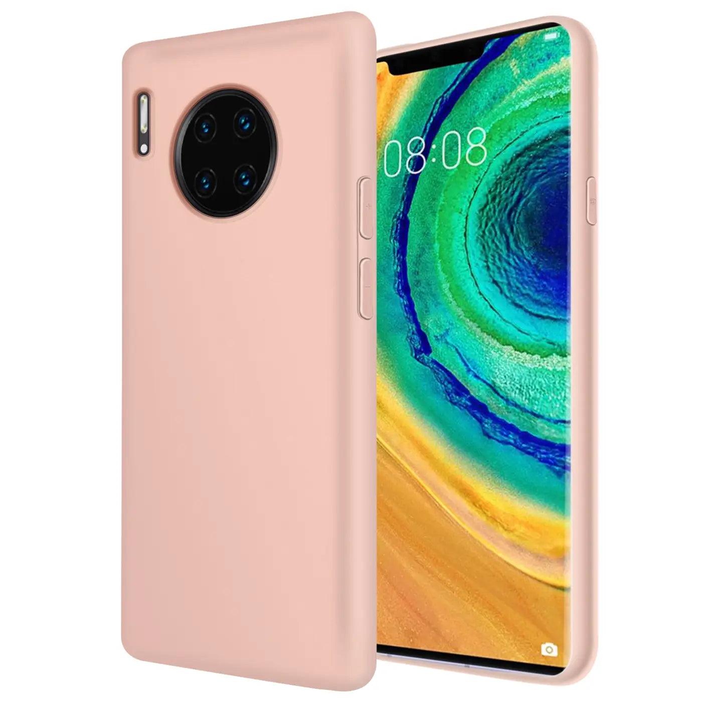 Rosa Silikonhülle für Huawei Mate 30 Pro, von schräg vorne, Mikrofaser innen.