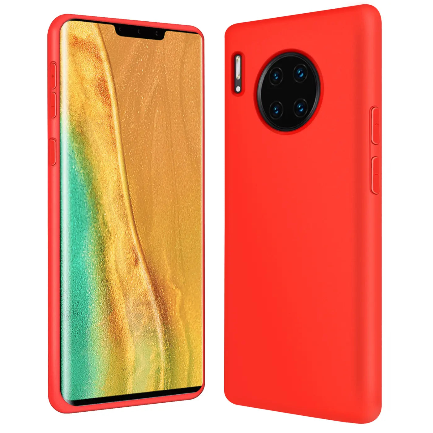 Rote Silikonhülle mit Mikrofaser-Innenfutter für Huawei Mate 30 Pro, Seitenansicht und Rückansicht